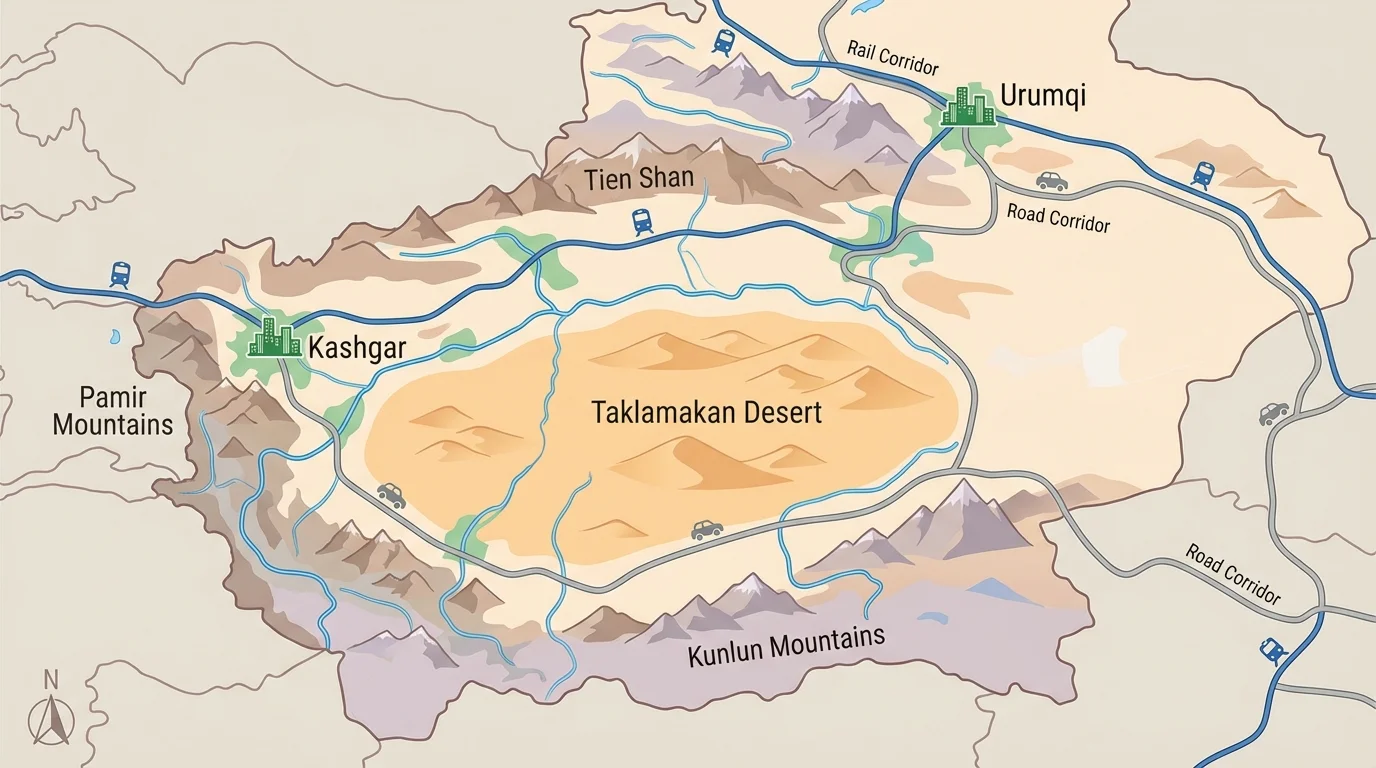 map of Xinjiang showing Taklamakan Desert, surrounding mountain ranges, oasis cities including Kashgar and Urumqi, and major rail and road corridors