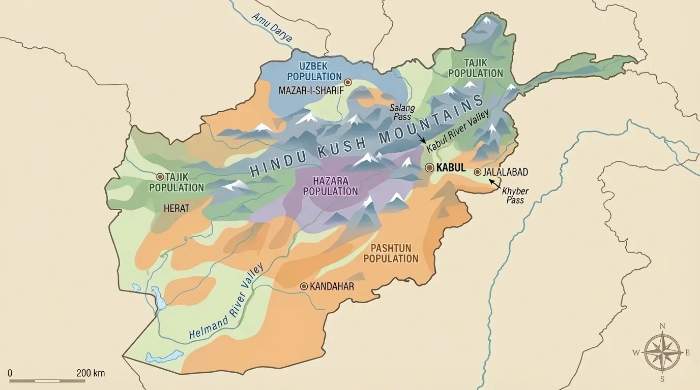 map of Afghanistan showing the Hindu Kush, major valleys and passes, major cities, and broad areas associated with Pashtun, Tajik, Hazara, and Uzbek populations