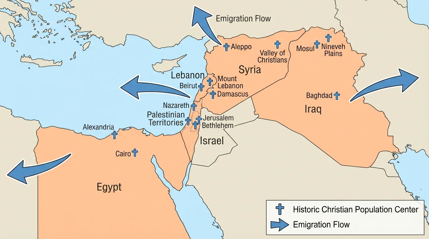 regional map of the Middle East highlighting Egypt, Lebanon, Syria, Iraq, and Palestine/Israel with major historic Christian population centers and arrows indicating emigration