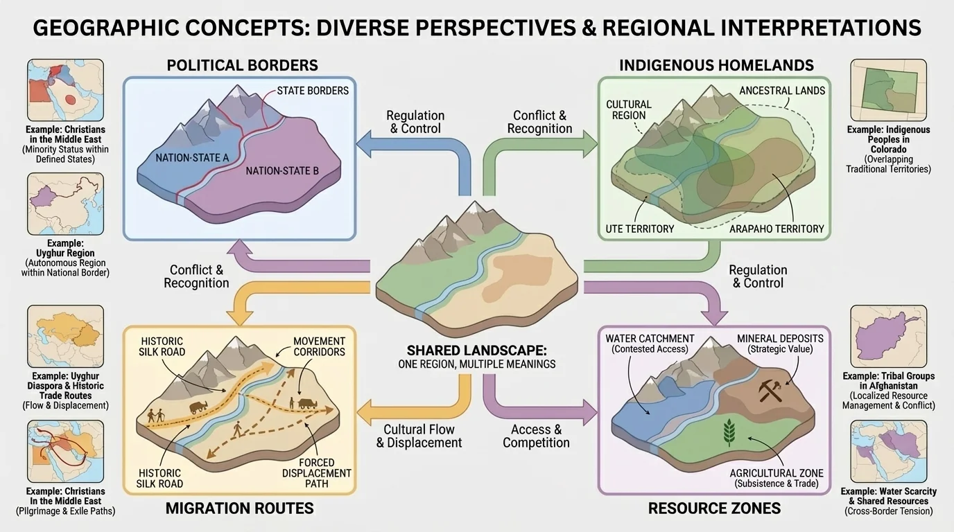 world-region concept map showing one landscape interpreted through political border, indigenous homeland, migration route, and resource zone with concise labels