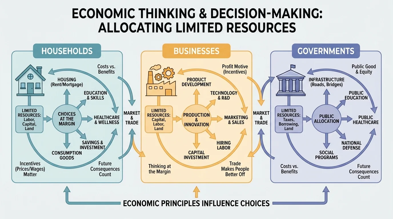 household, business, and government each allocating limited land, labor, and capital among competing choices such as housing, production, roads, schools, and healthcare