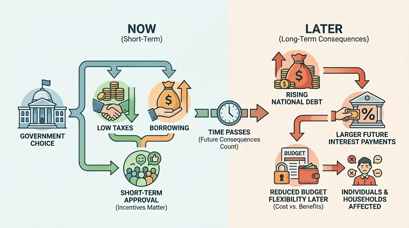 government chooses low taxes and heavy borrowing now, leading to short-term approval, rising debt, larger future interest payments, and reduced budget flexibility later