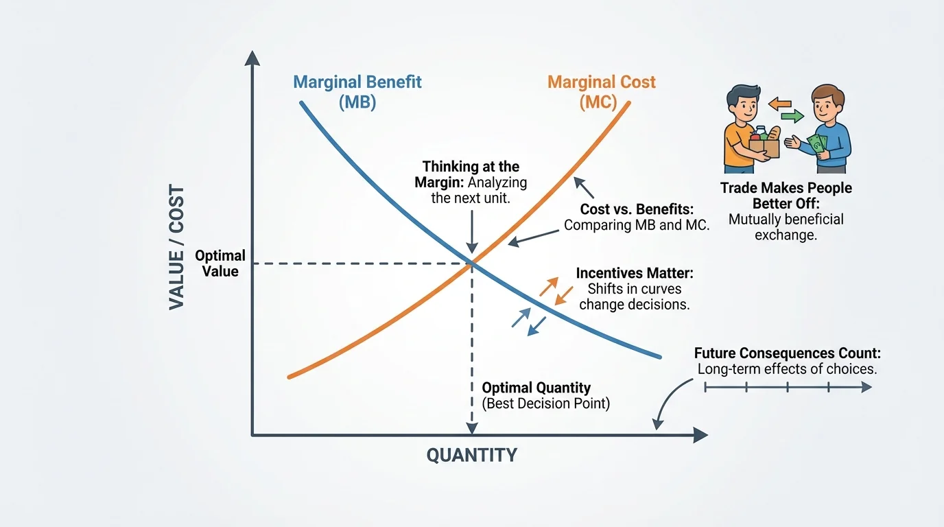 quantity on the horizontal axis with a downward-sloping marginal benefit curve and an upward-sloping marginal cost curve intersecting near the best decision point