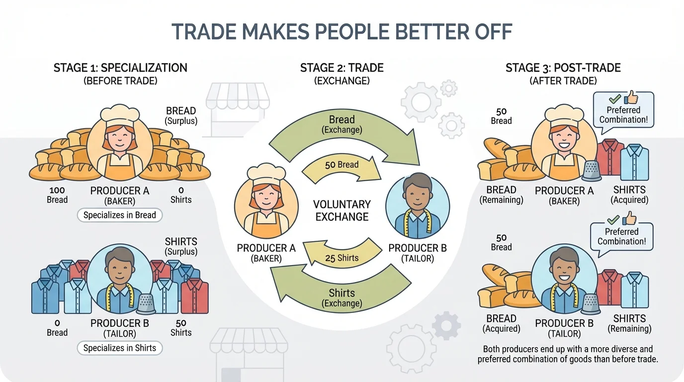 one producer specializing in bread and another specializing in shirts, then exchanging goods so both end up with more preferred combinations than before trade