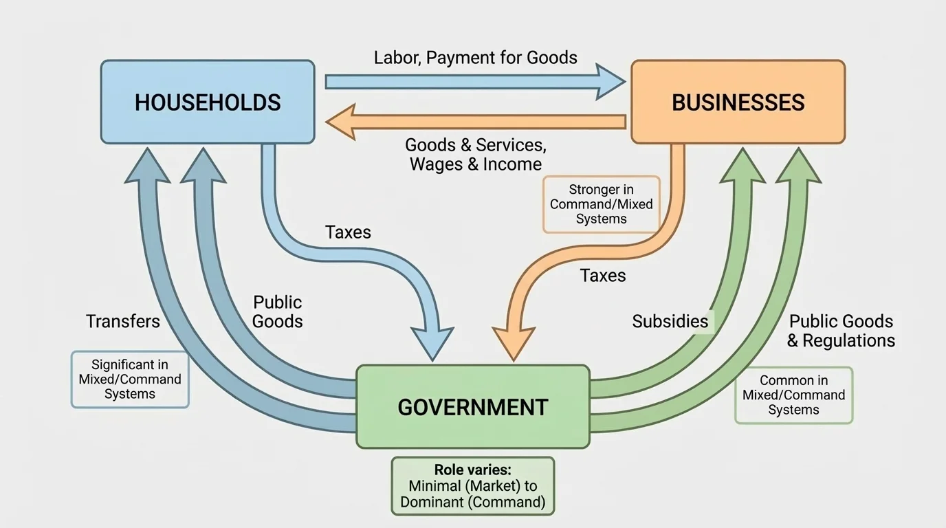 flowchart showing households, businesses, and government connected by taxes, subsidies, regulations, transfers, and public goods