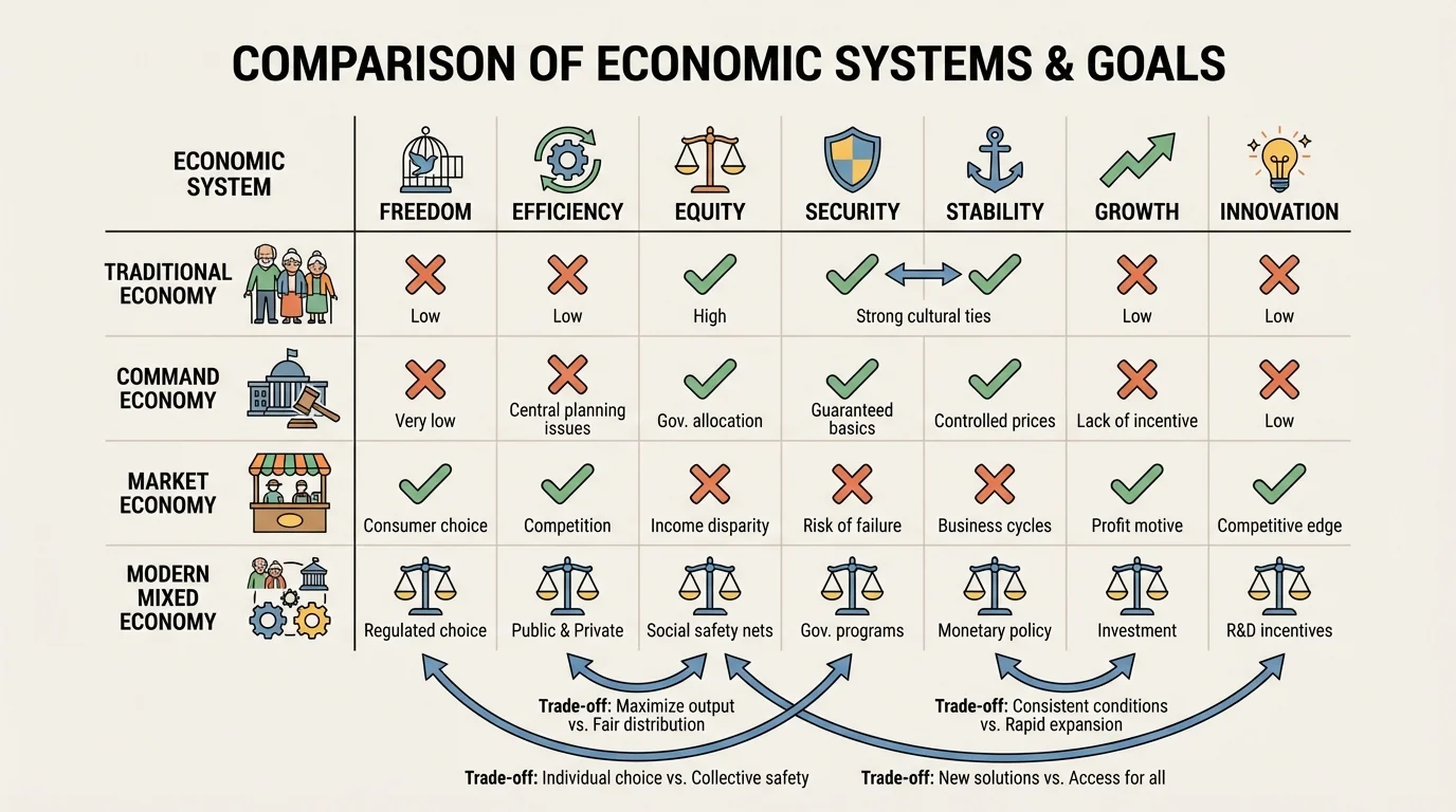 chart showing economic goals such as freedom, efficiency, equity, security, stability, growth, and innovation with balancing arrows between selected goals