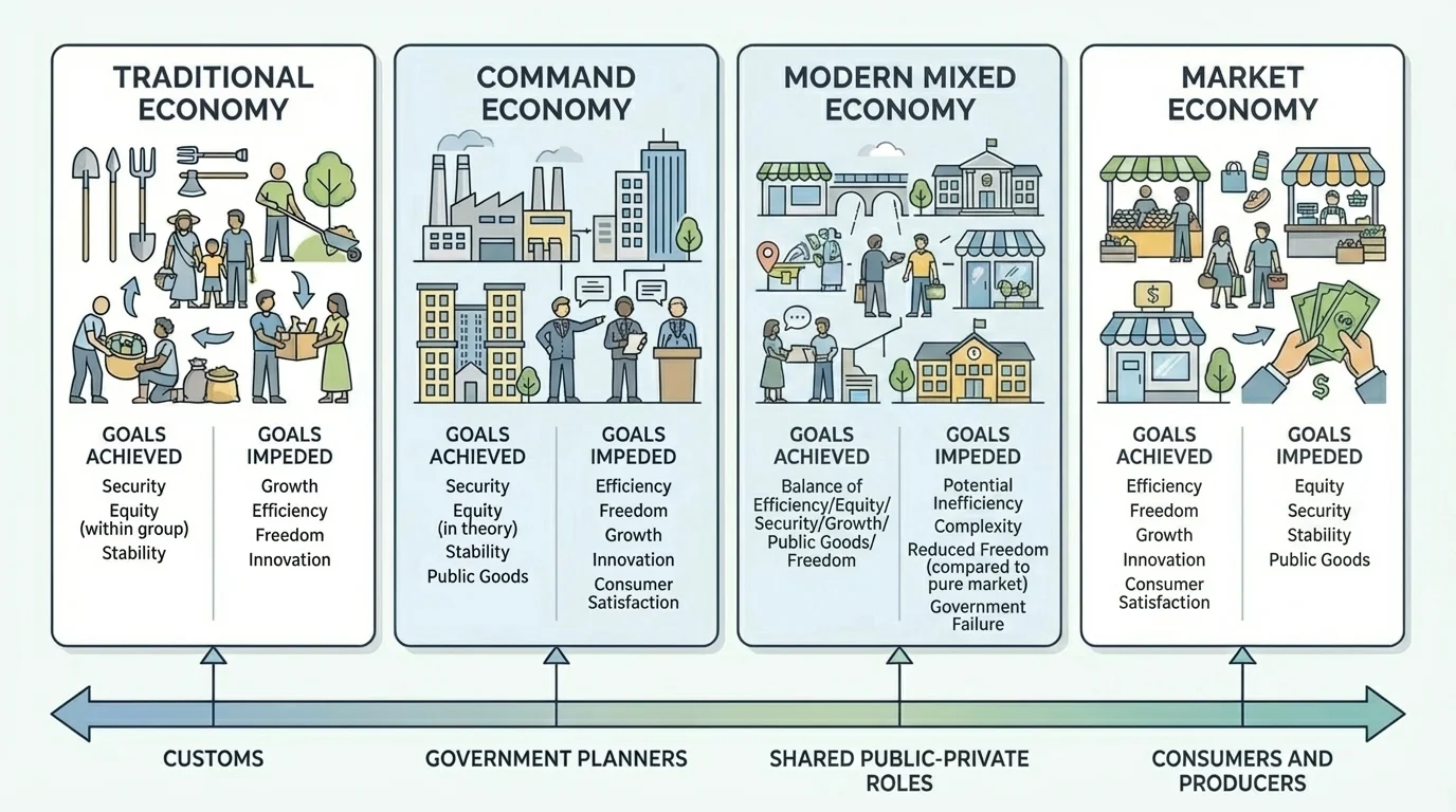 diagram of four economic systems on a decision-making spectrum labeled customs, government planners, consumers and producers, and shared public-private roles