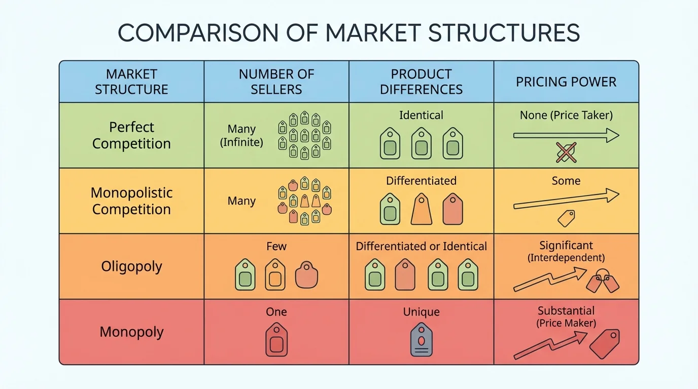 chart comparing perfect competition, monopolistic competition, oligopoly, and monopoly by number of sellers, product differences, and pricing power