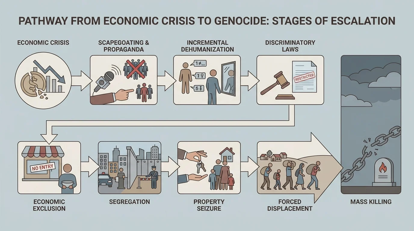 Stages from stereotype and propaganda to discriminatory laws, economic exclusion, segregation, property seizure, forced displacement, and mass killing