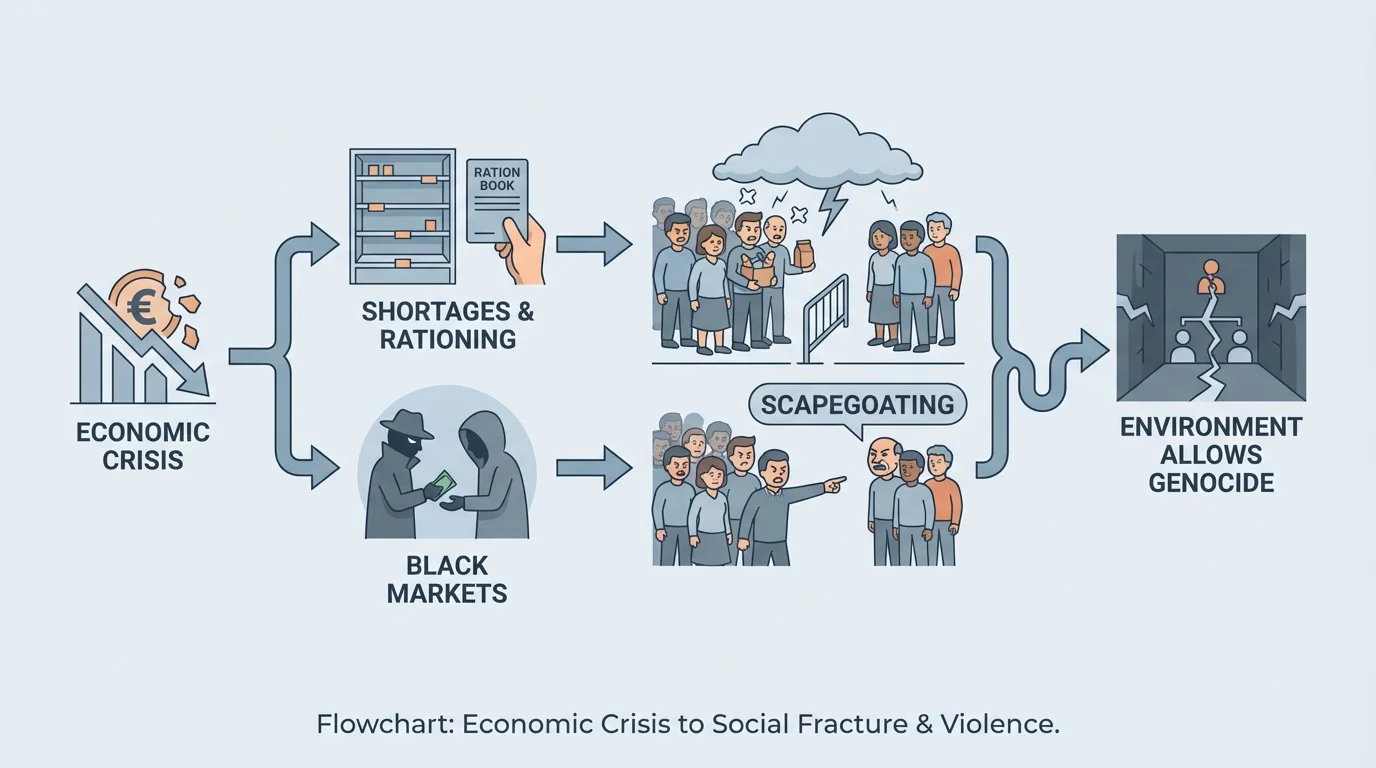 Economic crisis leading to shortages, rationing, black markets, unequal access, rising resentment, and social tension, with arrows between each stage