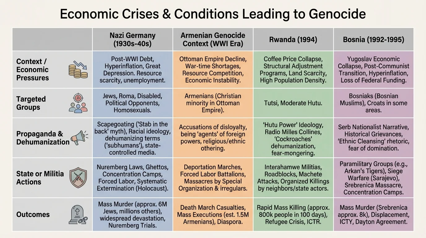Comparison chart of Nazi Germany, Armenian Genocide context, Rwanda, and Bosnia with rows for economic pressures, targeted groups, propaganda, state or militia actions, and outcomes