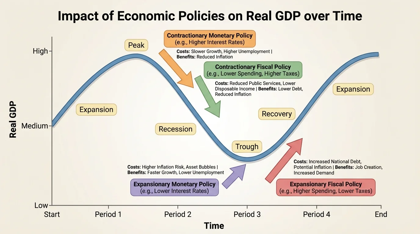 Line graph of real GDP over time showing expansion, peak, recession, trough, and recovery with arrows marking fiscal and monetary policy responses