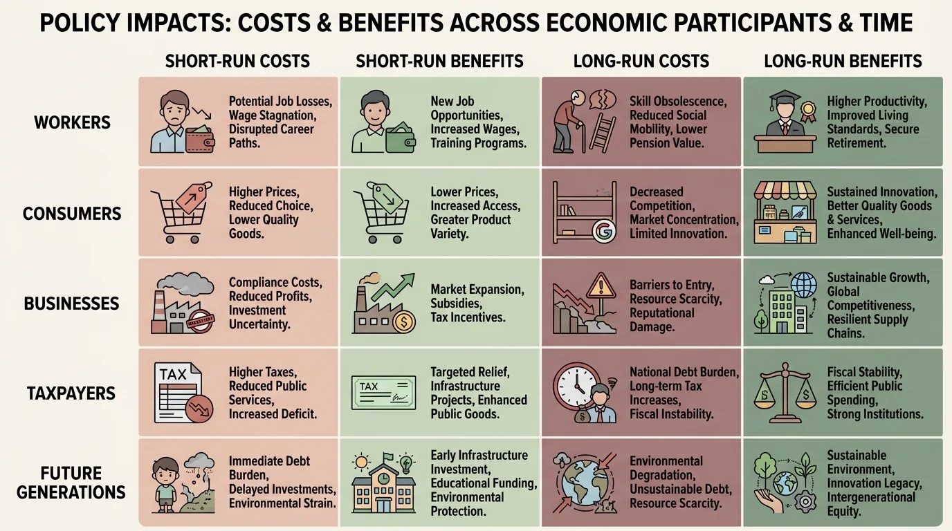 Comparison chart with rows for workers, consumers, businesses, taxpayers, and future generations, and columns for short-run costs, short-run benefits, long-run costs, and long-run benefits