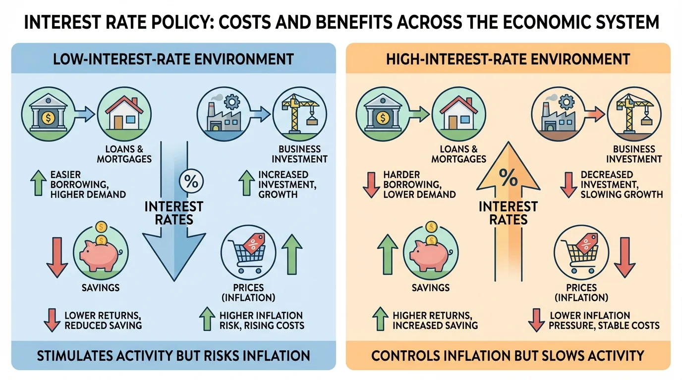 Two-panel diagram comparing low-interest-rate and high-interest-rate environments, with icons for loans, houses, business investment, savings, and prices