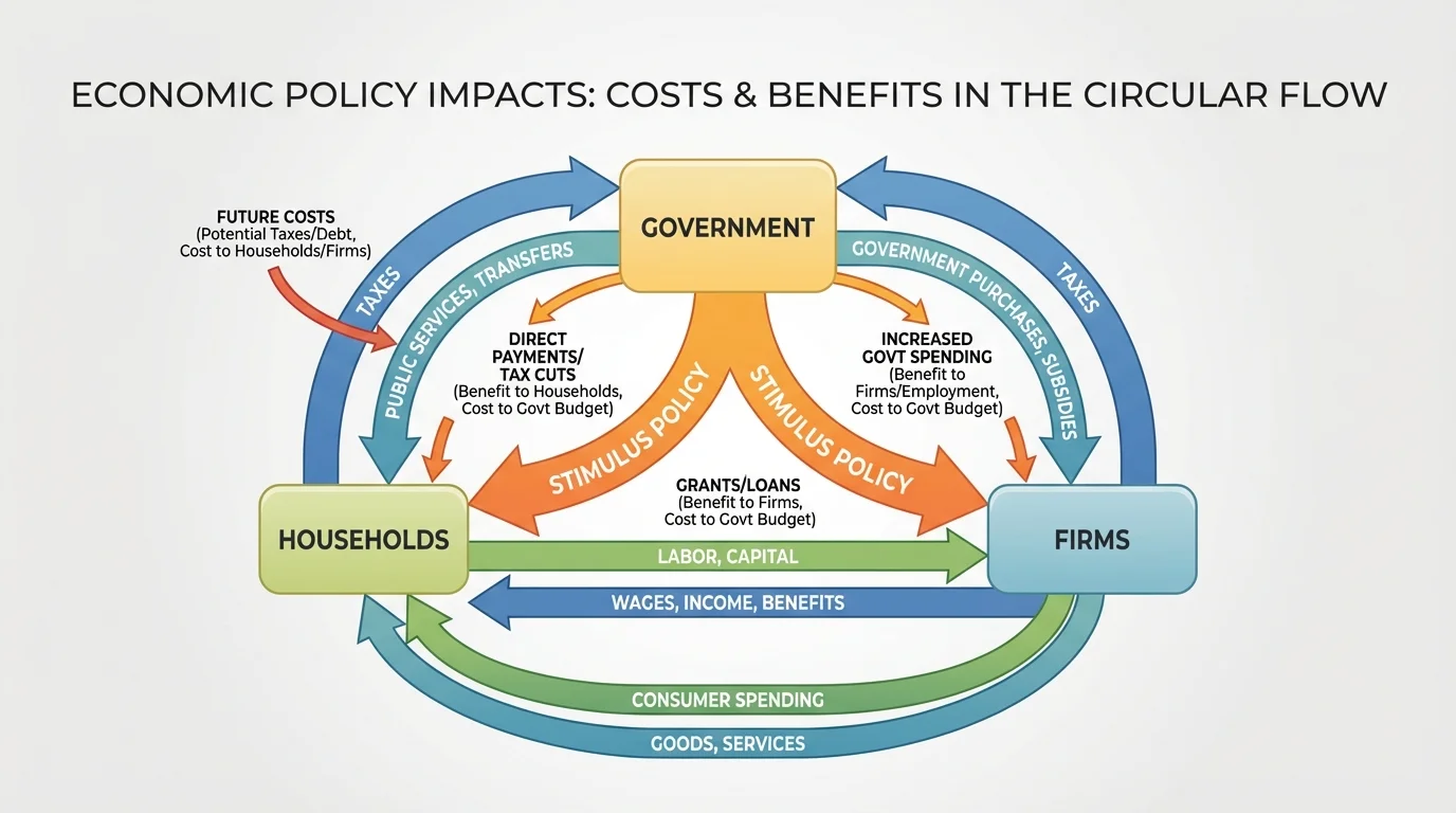 Circular flow diagram showing households, firms, and government, with arrows for taxes, spending, wages, and purchases, highlighting how stimulus changes flows