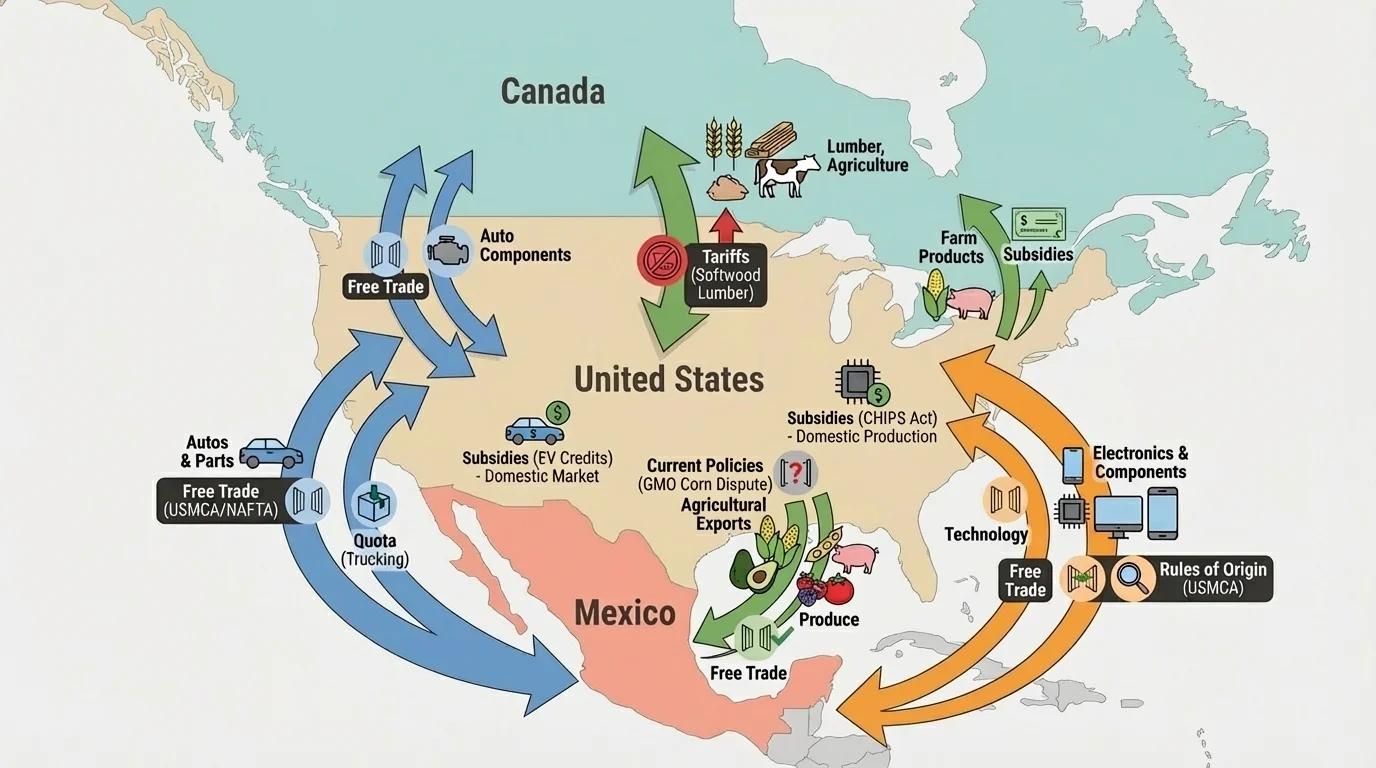 map of Canada, United States, and Mexico with arrows for autos, farm goods, and electronics supply chains