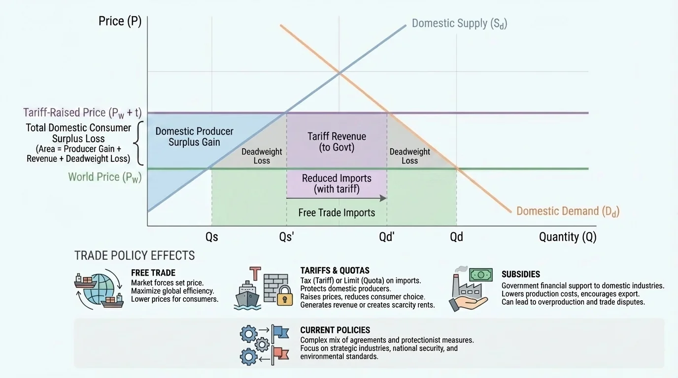 supply-and-demand style graph showing world price, tariff-raised price, domestic producers, domestic consumers, and reduced imports