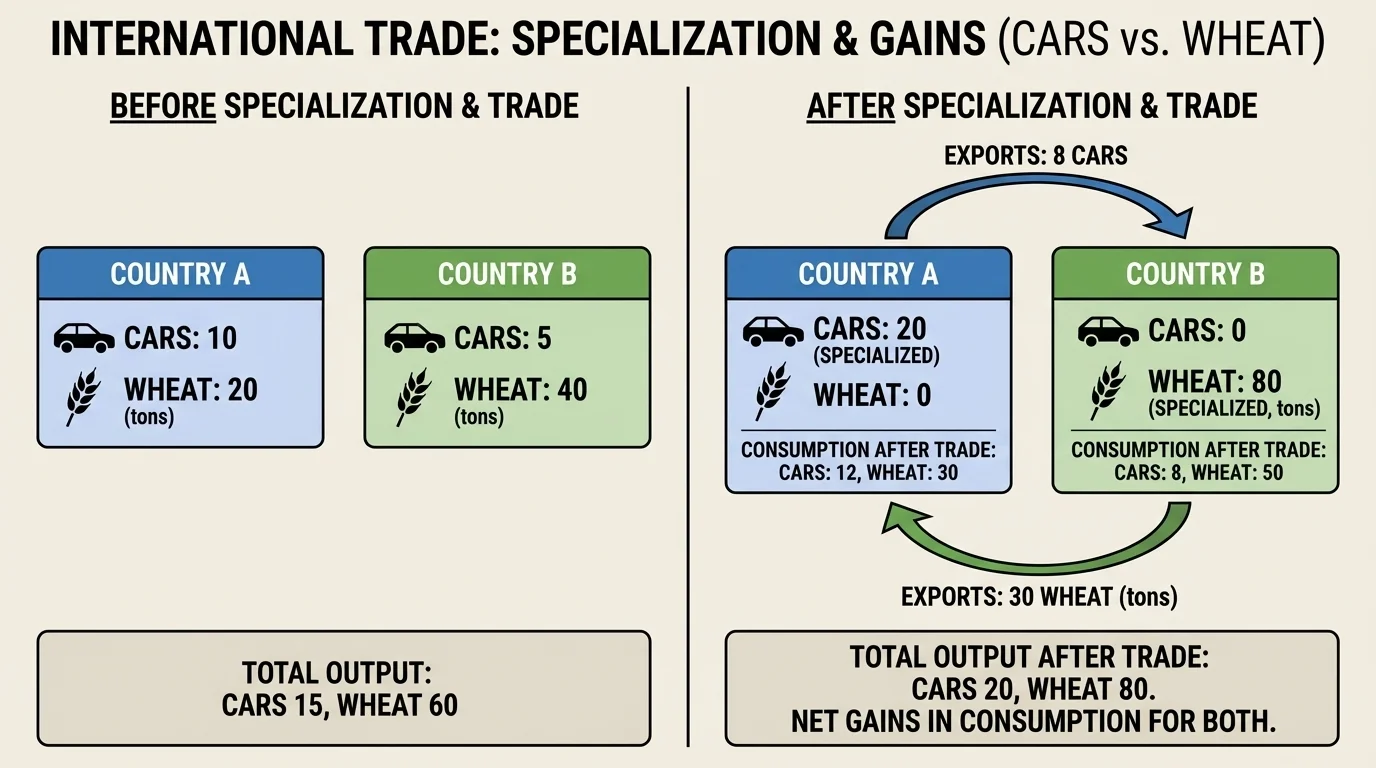 chart comparing two countries producing cars and wheat before and after specialization and trade