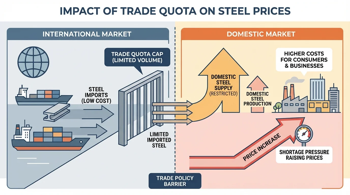 diagram showing quota cap on imported steel and resulting shortage pressure raising domestic prices