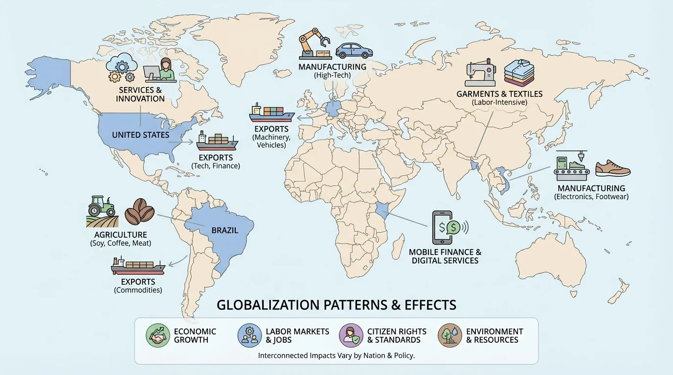 World map highlighting the United States, Bangladesh, Vietnam, Germany, Brazil, and Kenya with concise labels for major globalization patterns such as services, garments, manufacturing, exports, agriculture, and mobile finance