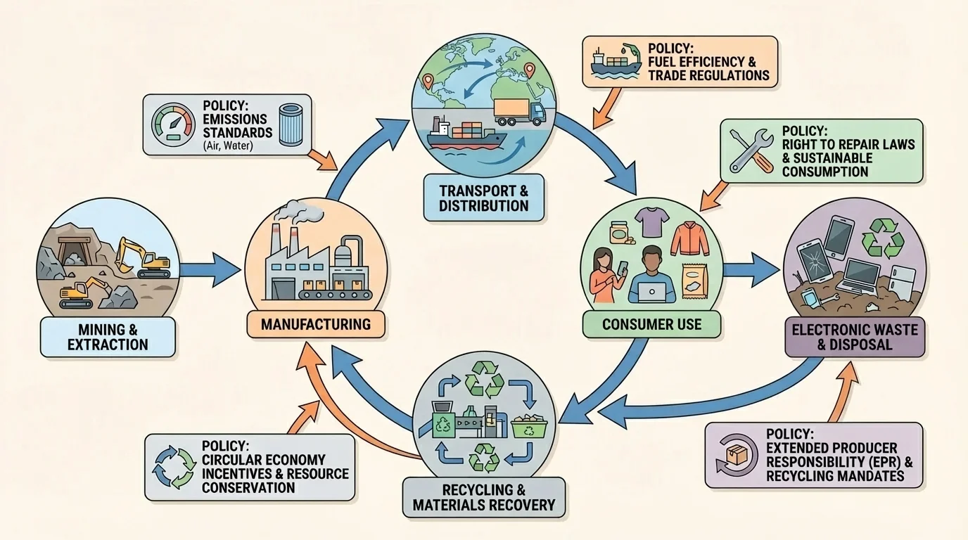 Product life cycle flowchart showing mining, manufacturing, transport, consumer use, electronic waste, recycling, and policy intervention points such as emissions standards and recycling laws