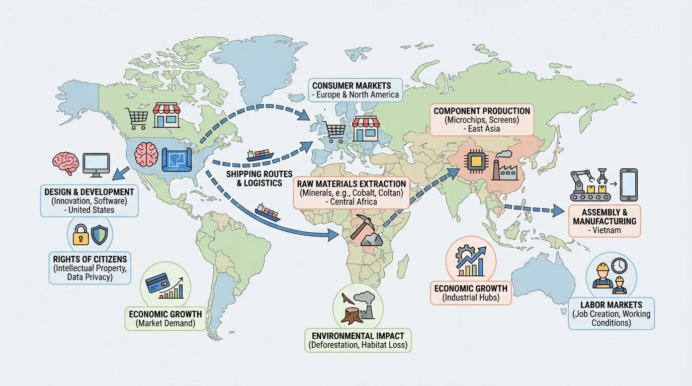 World map-style smartphone supply chain with minerals from central Africa, chip production in East Asia, design in the United States, assembly in Vietnam, shipping routes, and consumer markets in Europe and North America