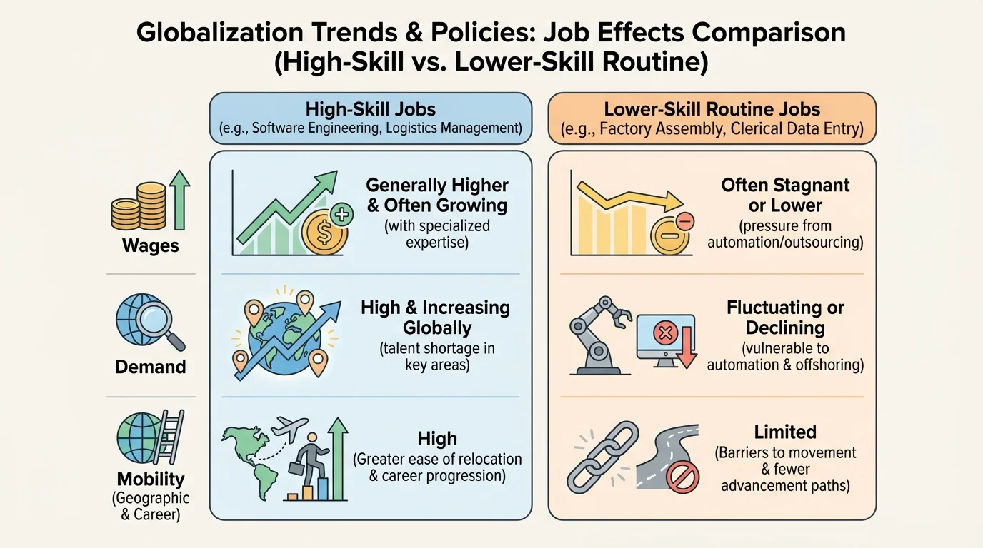 Comparison chart with two columns showing globalization effects on high-skill jobs like software engineering and logistics management versus lower-skill routine factory and clerical jobs, including wages, demand, and mobility
