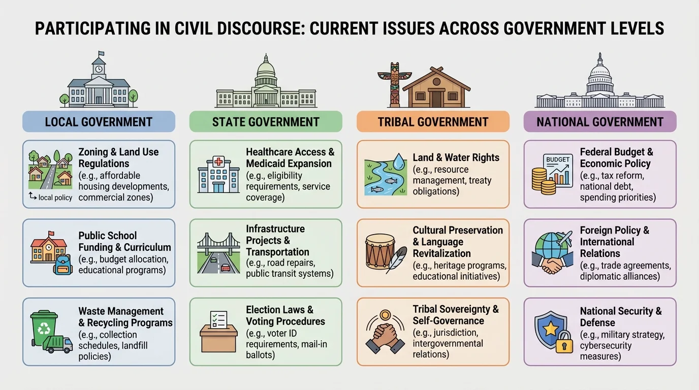 Comparison chart with four columns for local, state, tribal, and national governments and example issues under each