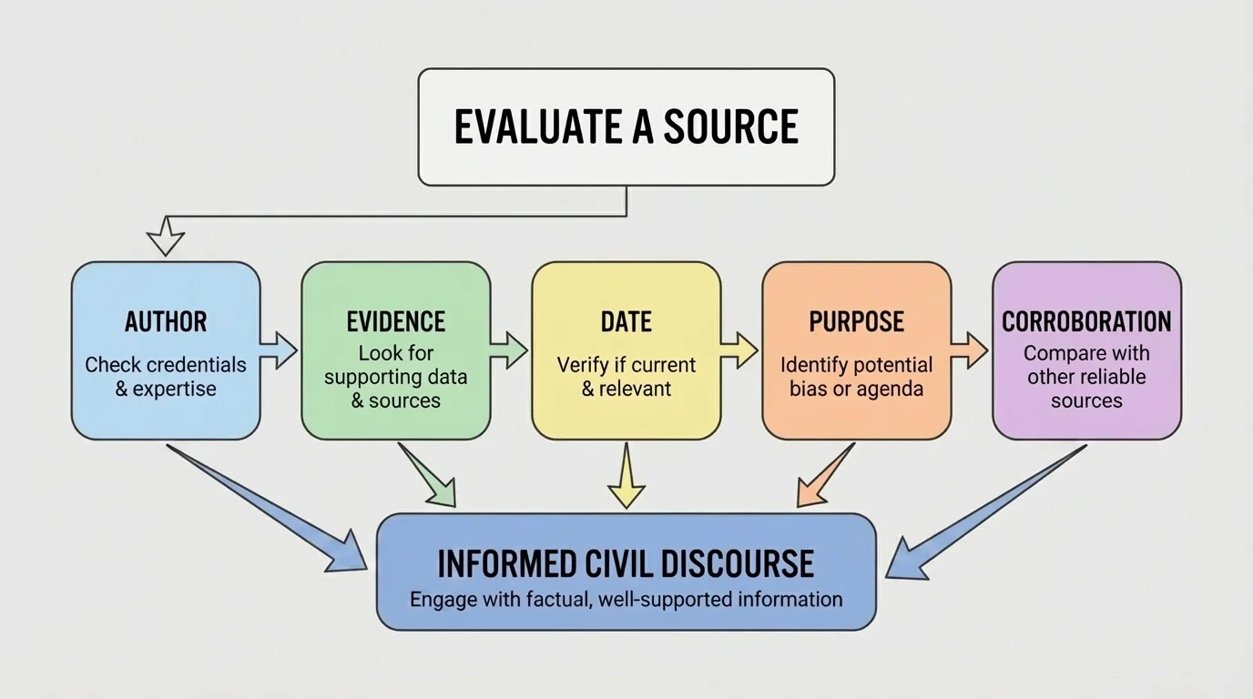 Flowchart for evaluating a source with boxes labeled author, evidence, date, purpose, and corroboration