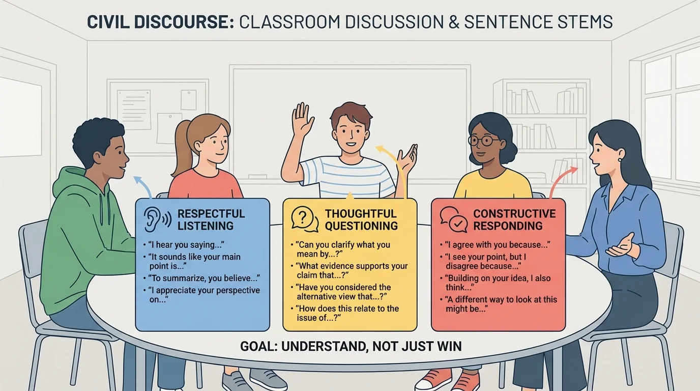 Classroom discussion illustration with students using sentence stems for listening, questioning, and responding respectfully