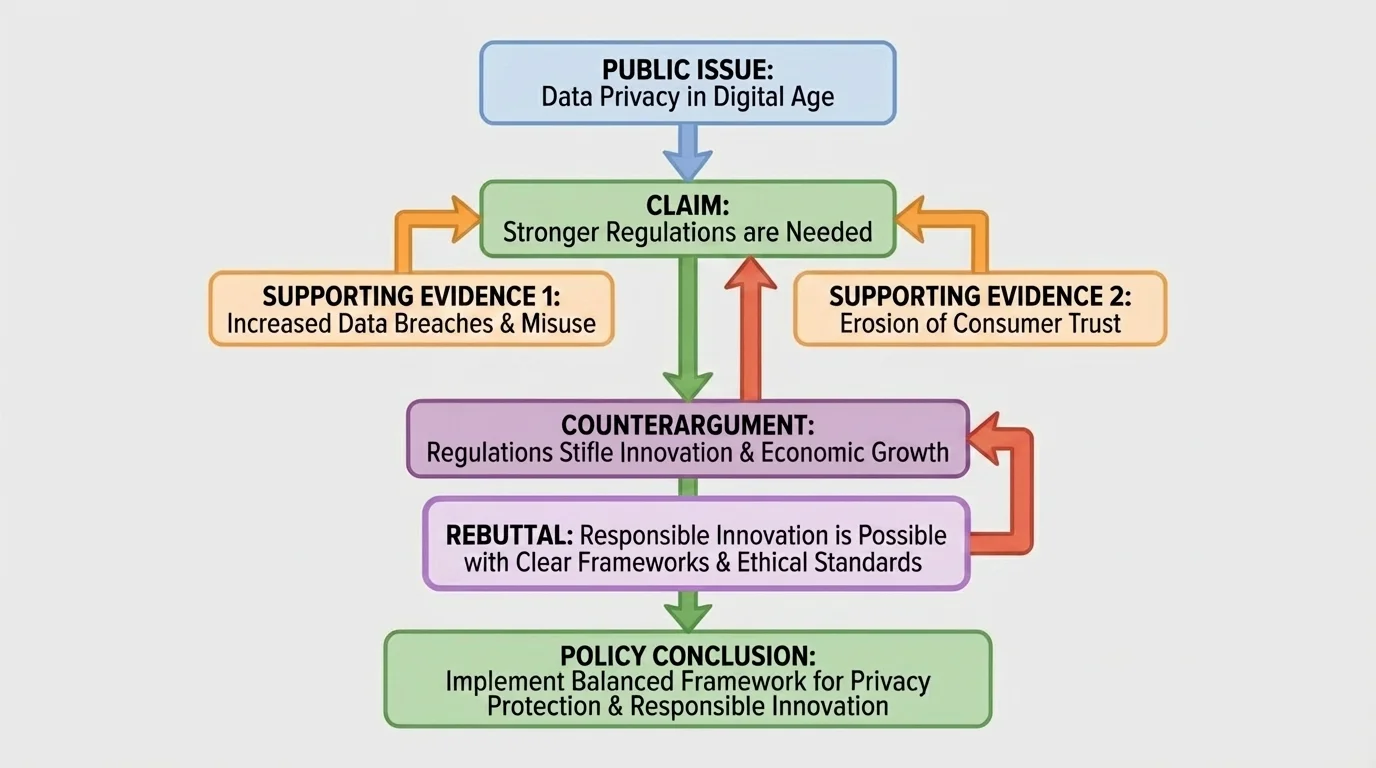Argument map showing a public issue leading to claim, supporting evidence, counterargument, rebuttal, and policy conclusion