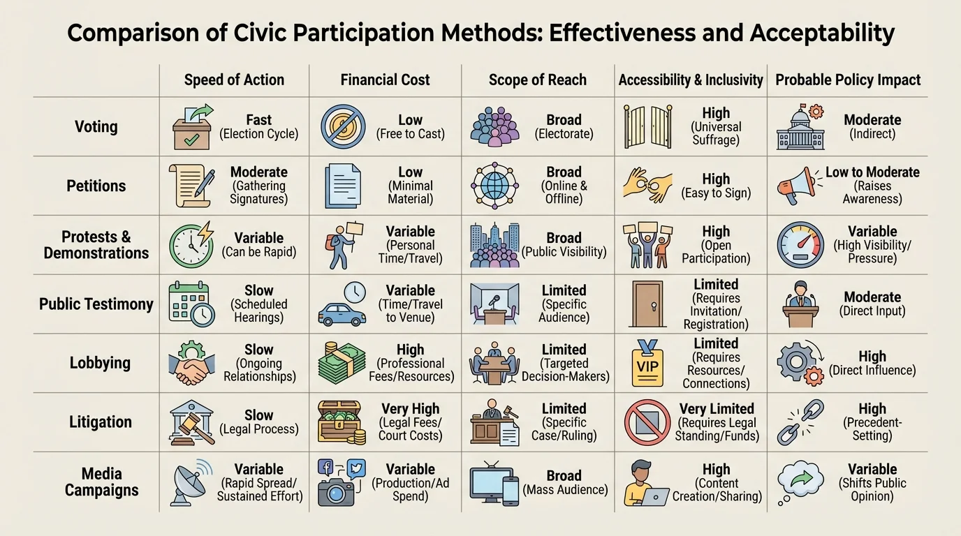 chart comparing voting, petitions, protests, public testimony, lobbying, litigation, and media campaigns by speed, cost, reach, access, and probable policy impact