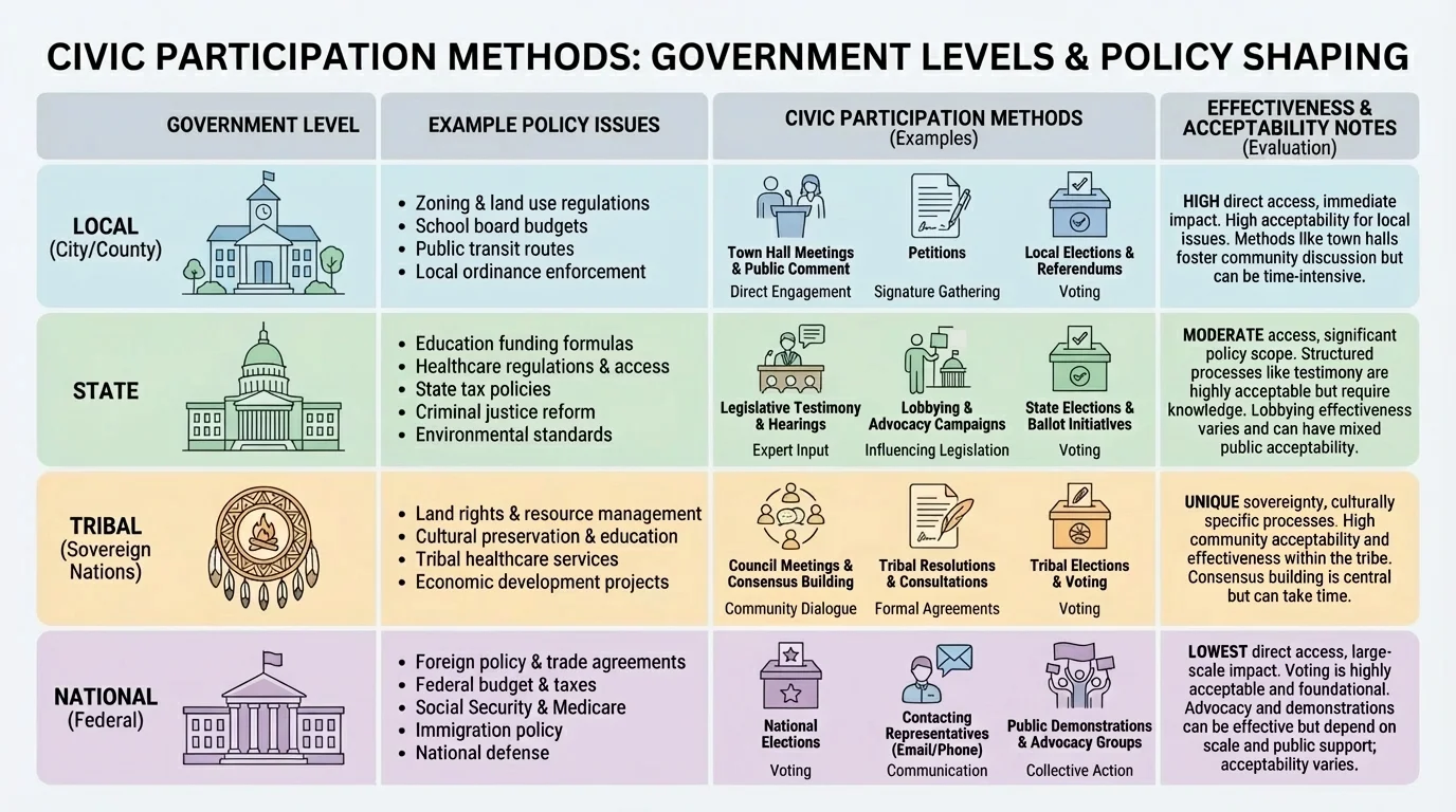 chart comparing local, state, tribal, and national levels of government with example policy issues and civic participation methods such as meetings, testimony, petitions, and elections