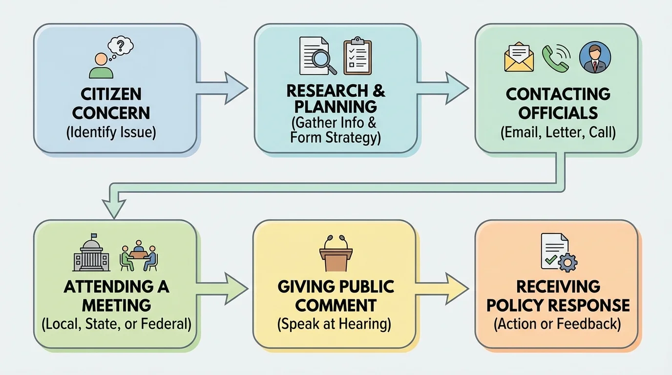 flowchart showing a citizen concern moving through research, contacting officials, attending a meeting, giving public comment, and receiving a policy response