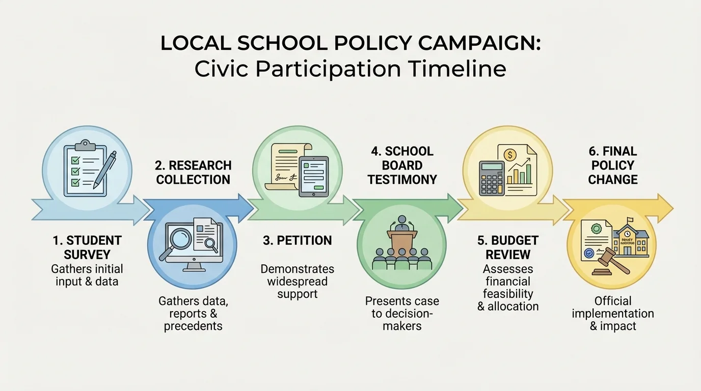 timeline of a local school policy campaign showing student survey, research collection, petition, school board testimony, budget review, and final policy change