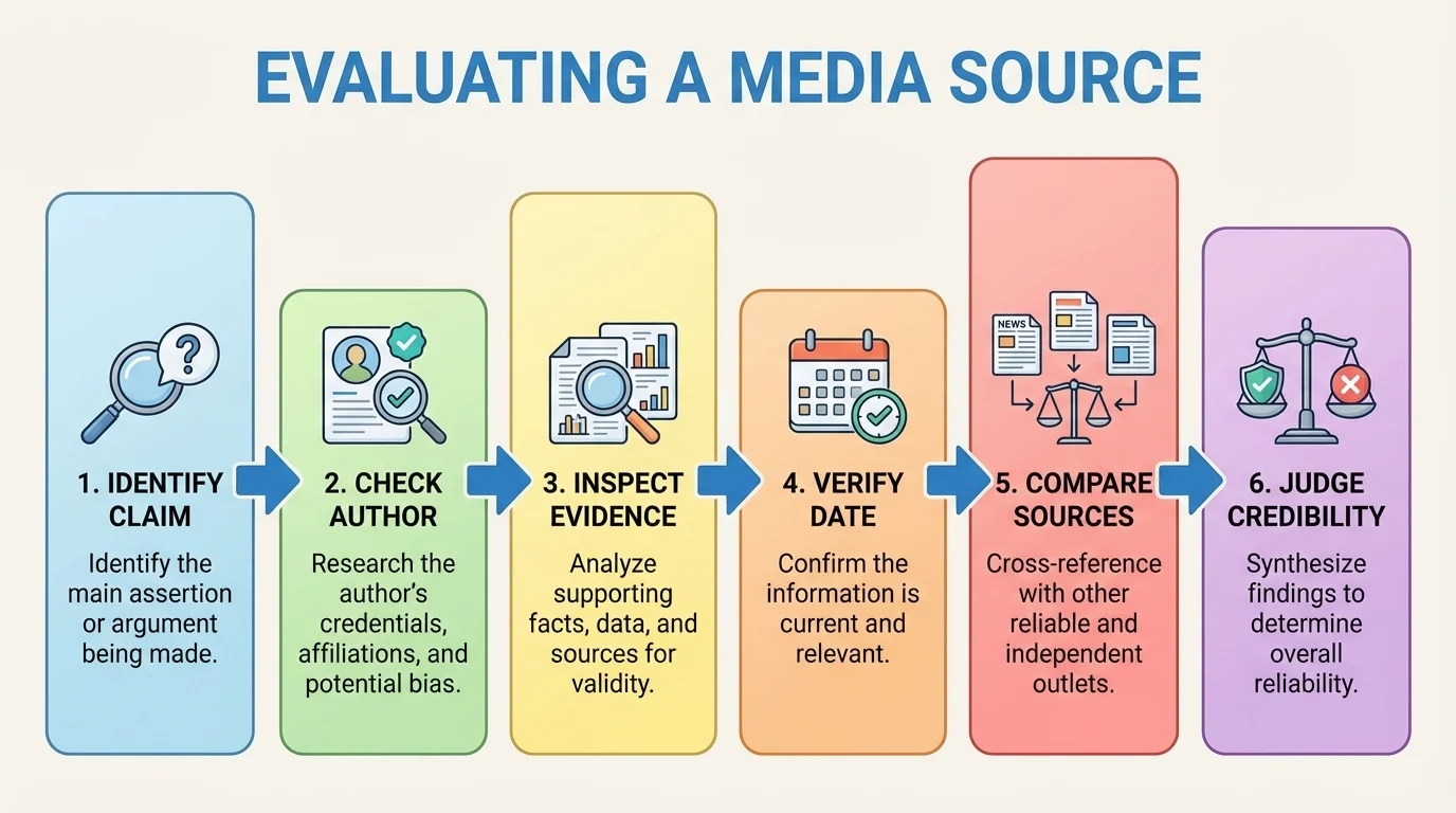 flowchart of evaluating a media source: identify claim, check author, inspect evidence, verify date, compare sources, judge credibility
