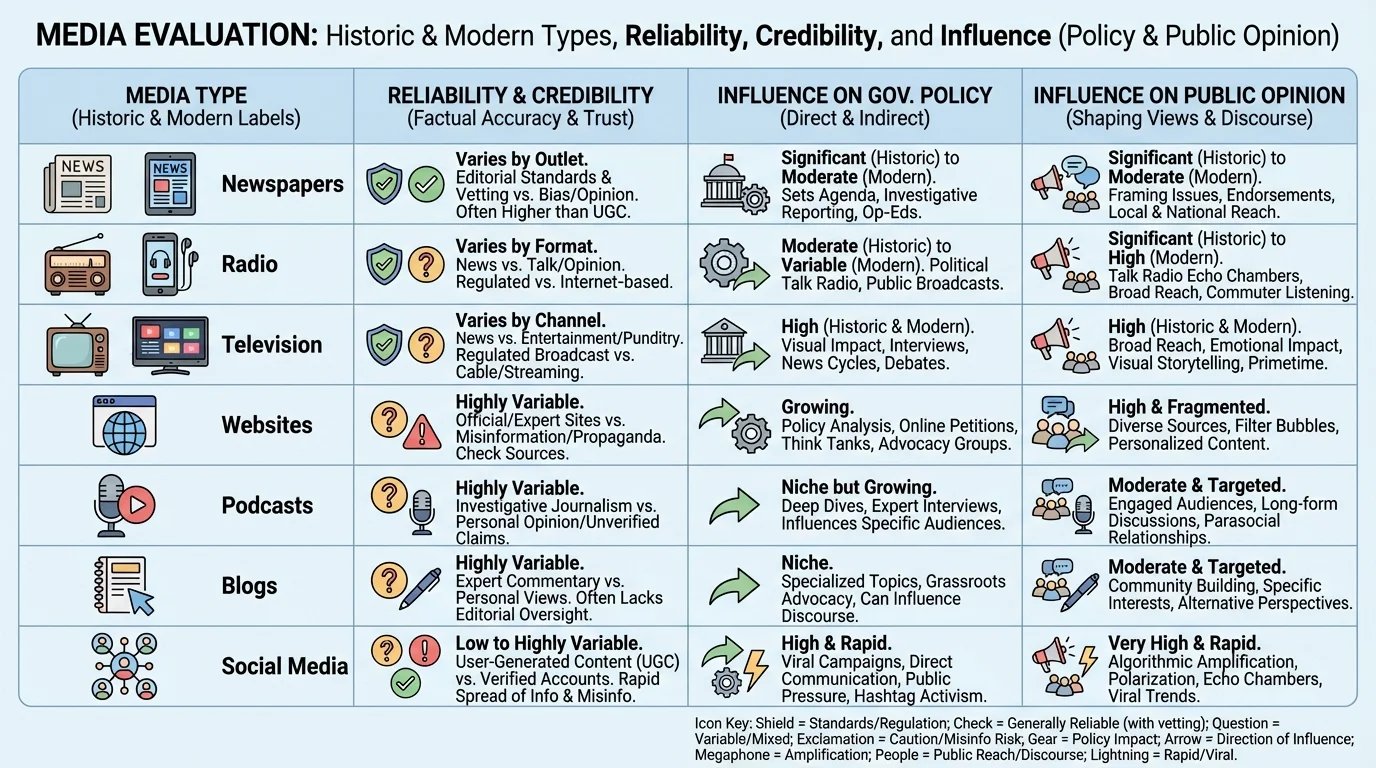 comparison chart showing newspapers, radio, television, websites, podcasts, blogs, and social media with historic and modern labels