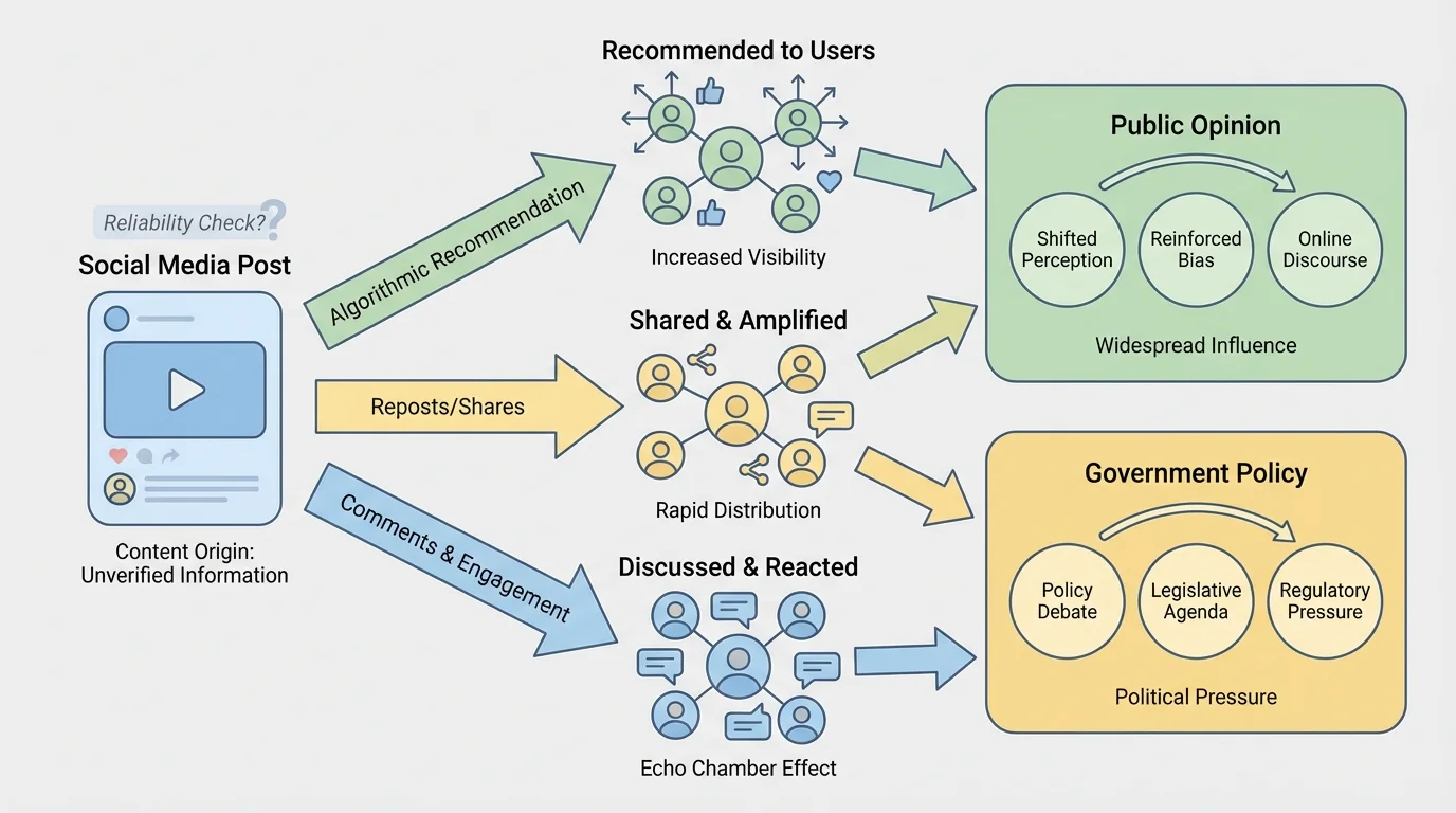 diagram of a social media post spreading from one user to many through algorithmic recommendation, reposts, and comments