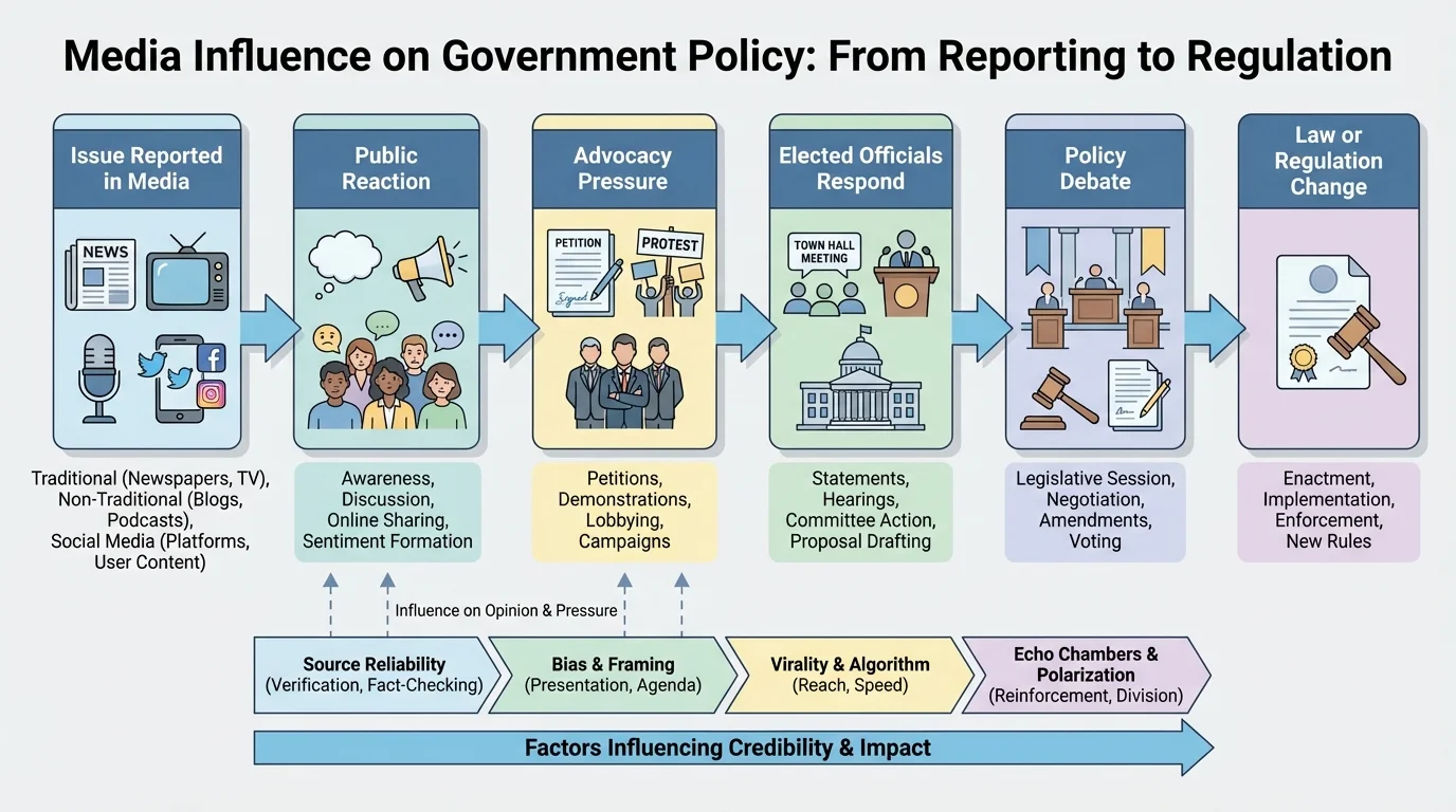 flowchart showing issue reported in media, public reaction, advocacy pressure, elected officials respond, policy debate, law or regulation change
