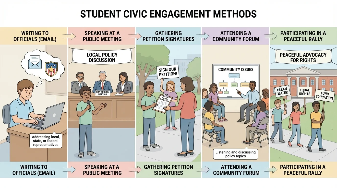 Students engaging government through writing emails to officials, speaking at a public meeting, gathering petition signatures, attending a community forum, and participating in a peaceful rally with simple signs
