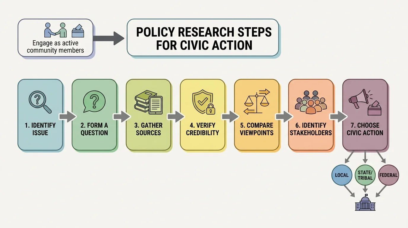 Flowchart showing policy research steps: identify issue, form a question, gather sources, verify credibility, compare viewpoints, identify stakeholders, choose civic action