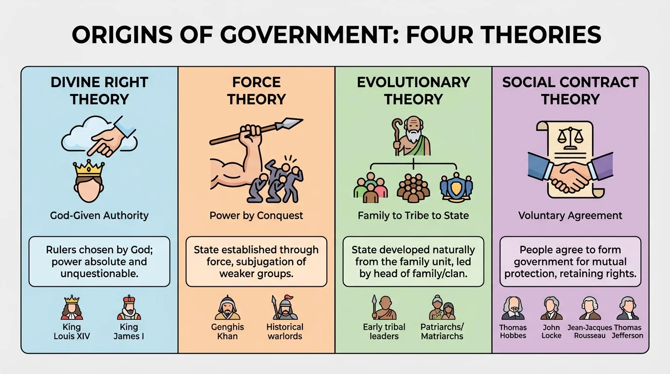 comparison chart of divine right, force theory, evolutionary theory, and social contract with simple icons and short labels for each theory's main idea