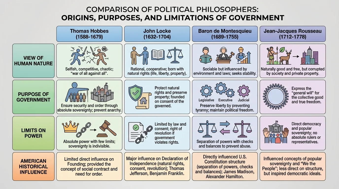 comparison chart with four columns for Hobbes, Locke, Montesquieu, and Rousseau showing view of human nature, purpose of government, and limits on power