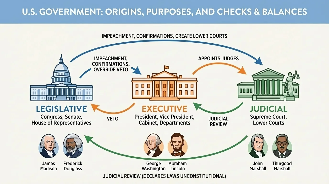diagram of the legislative, executive, and judicial branches of the U.S. government with arrows labeled with key checks such as veto, judicial review, impeachment, and confirmations