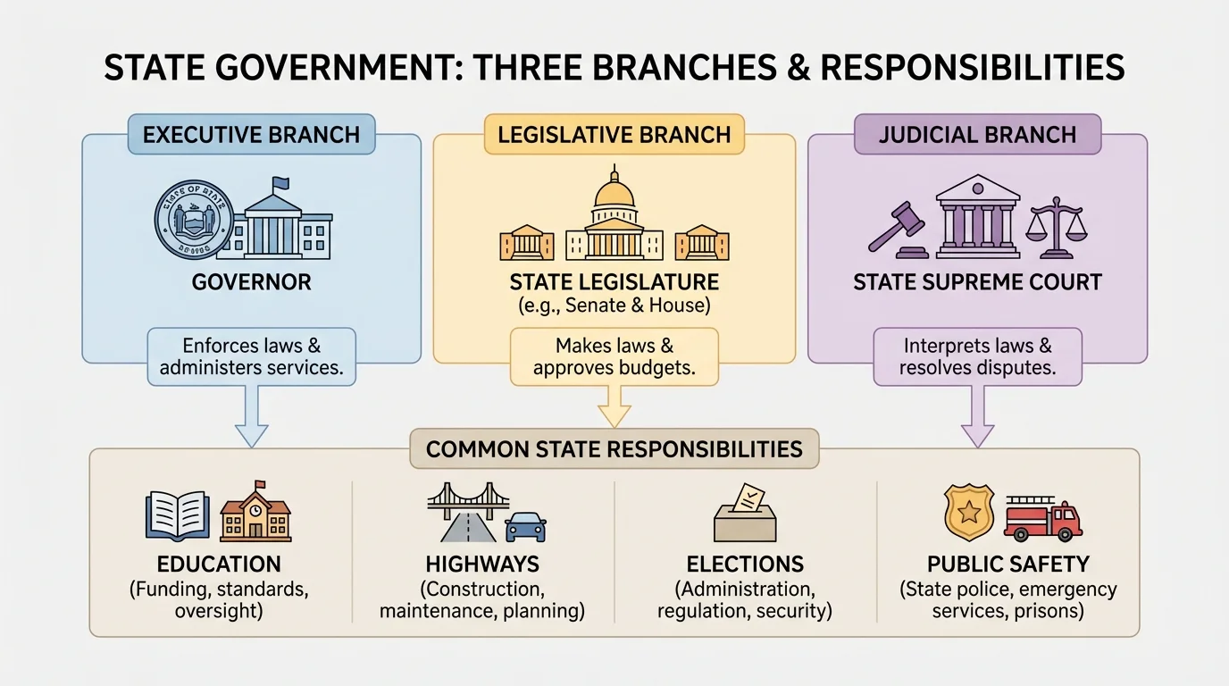 comparison chart of state government branches showing governor, state legislature, and state supreme court, with labels for education, highways, elections, and public safety as common state responsibilities