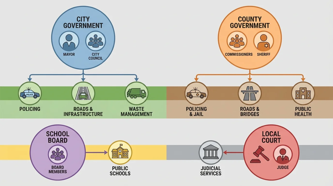 local government structure showing a city with mayor and city council, a county with commissioners and sheriff, a school board, and a local court, each connected to services like roads, policing, and schools