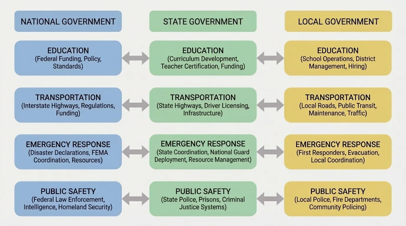 flowchart showing shared responsibilities across local, state, and national governments for education, transportation, emergency response, and public safety