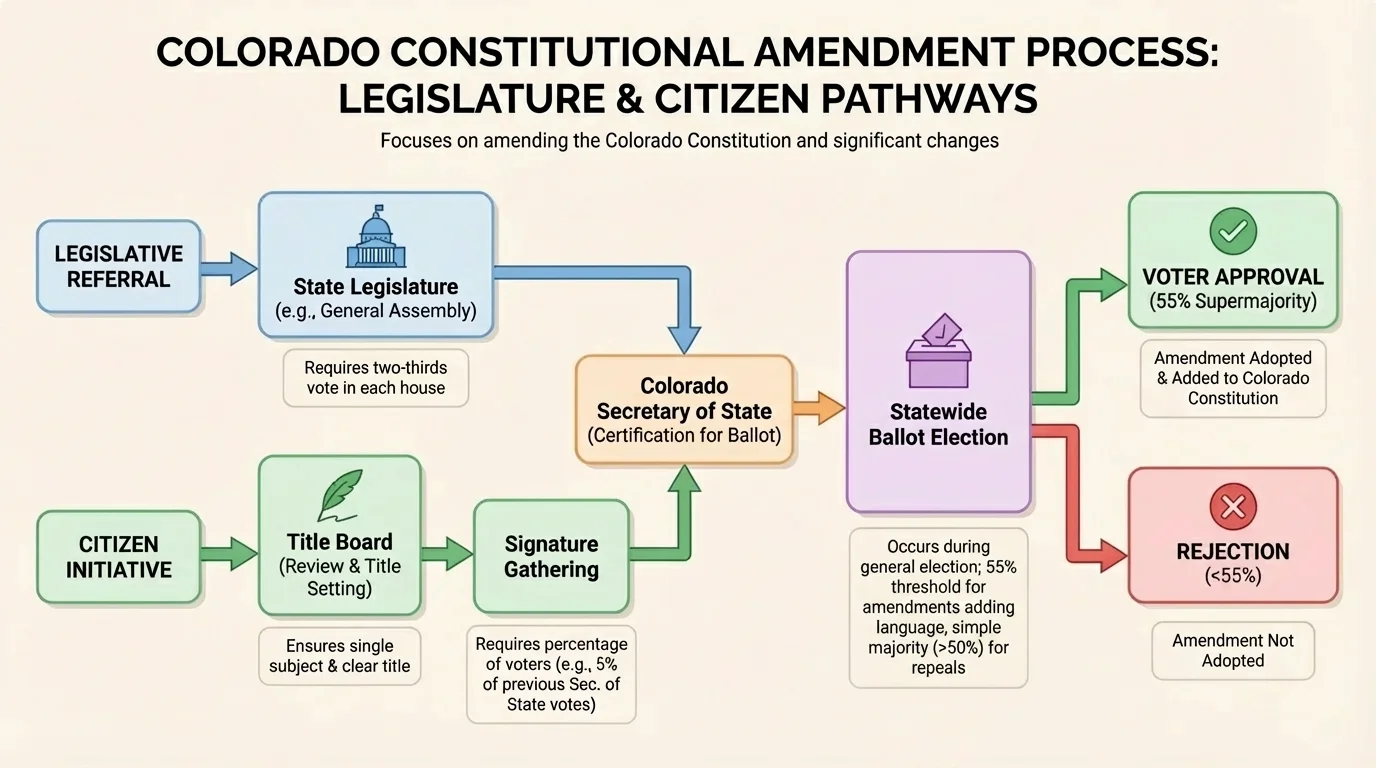 Flowchart showing Colorado constitutional amendment routes through legislature or citizen petition, then ballot election and voter approval