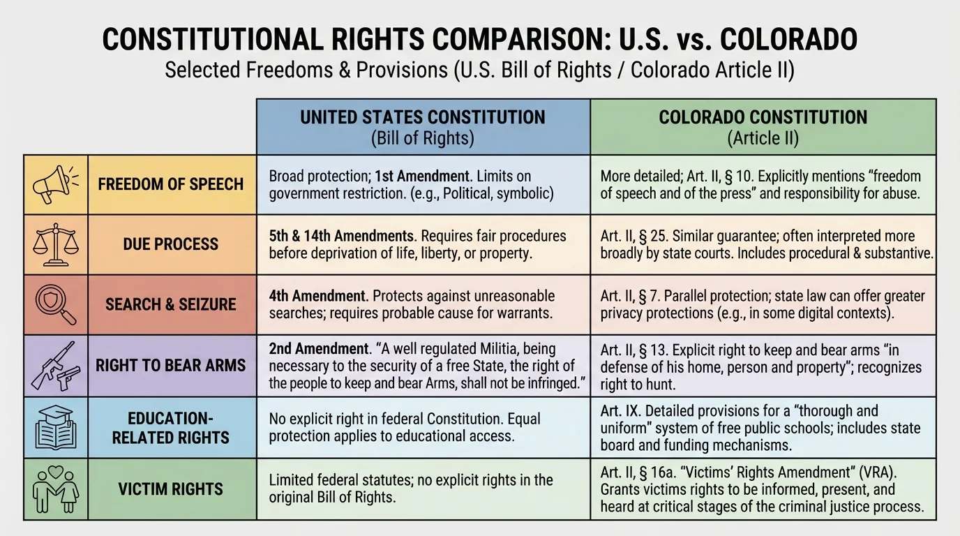 Comparison chart of freedoms of speech, due process, search and seizure, arms, education-related rights, and victim rights in U.S. and Colorado constitutions
