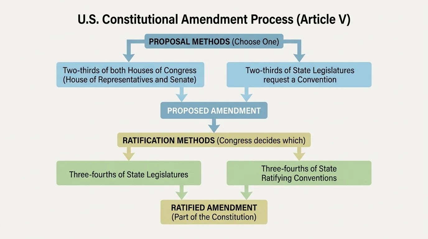 Flowchart showing two proposal methods and two ratification methods for U.S. constitutional amendments under Article V